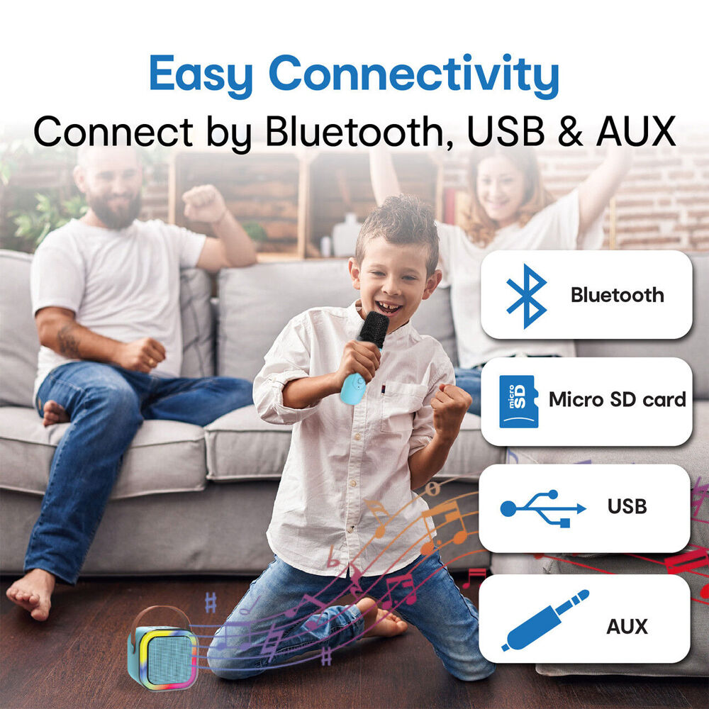 Laser Mini Karaoke Bluetooth Speaker w/ 2xWireless Microphones Blue