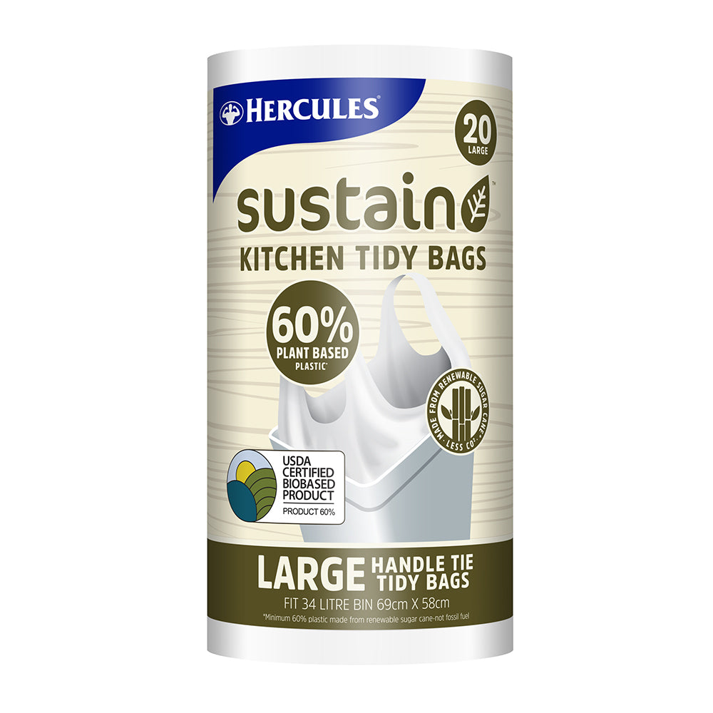 3x 20pc Hercules Sustain Plant Based Kitchen Tidy/Garbage/Bin Bags Large Handle Tie