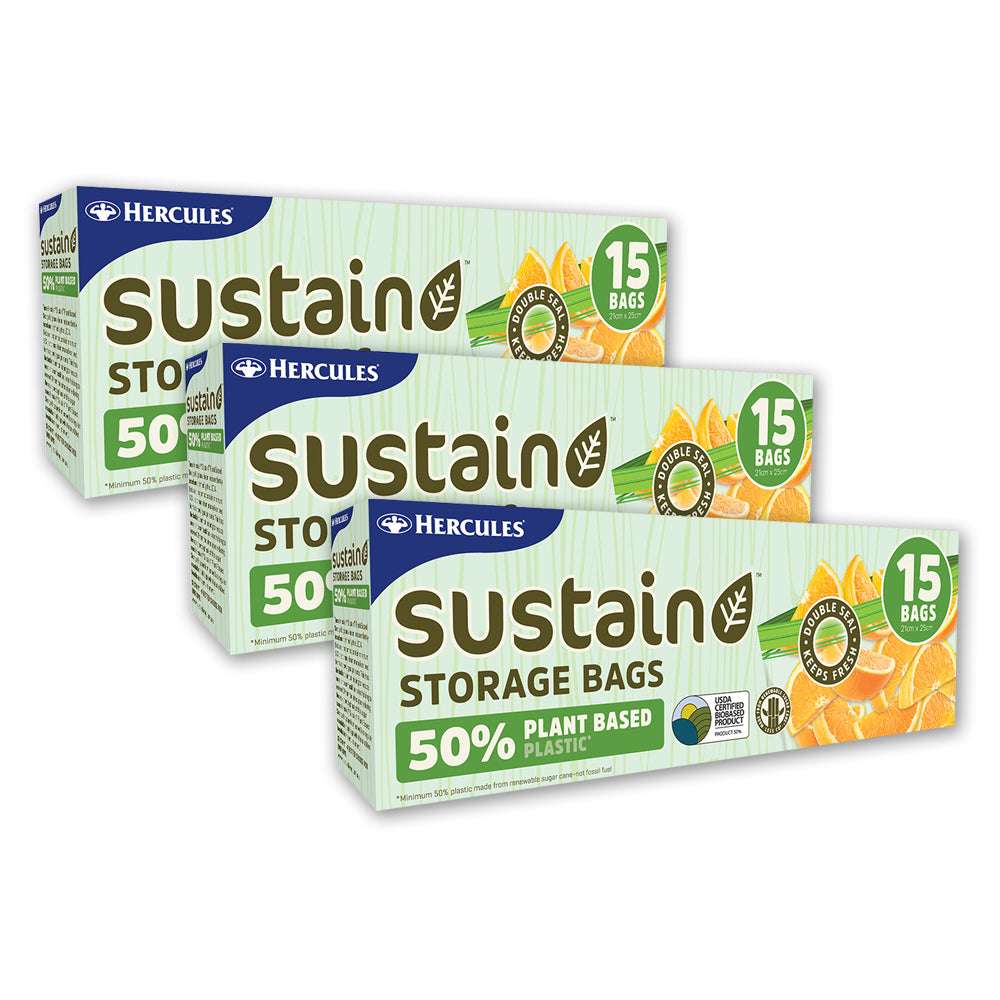 3x 15pc Hercules Sustain Plant Based Resealable Storage Bags