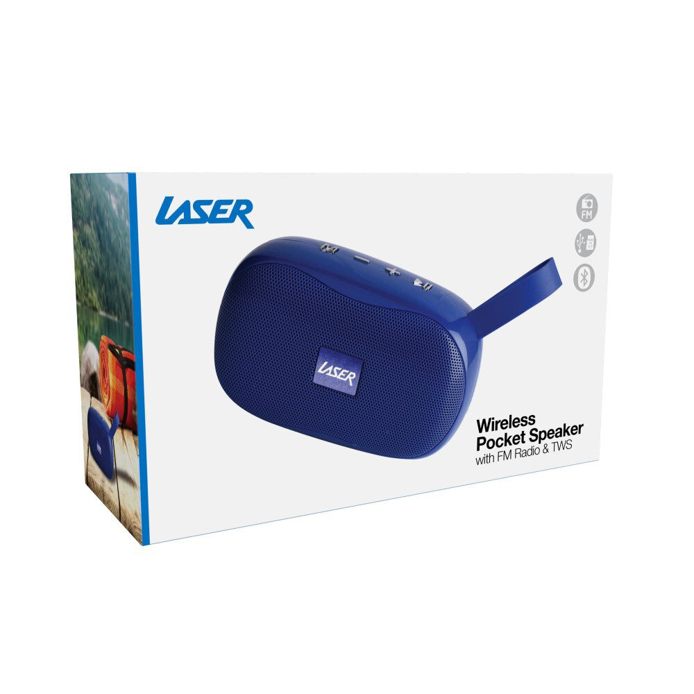 Laser TWS Bluetooth Wireless Pocket Speaker FM Radio w/ Strap - Blue