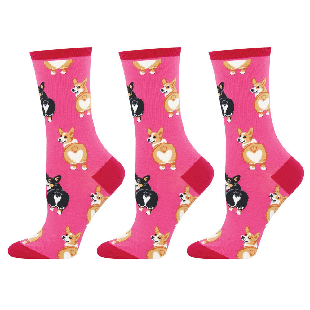 3PK Socksmith Ladies Novelty Socks Corgi Butt Pink One Size
