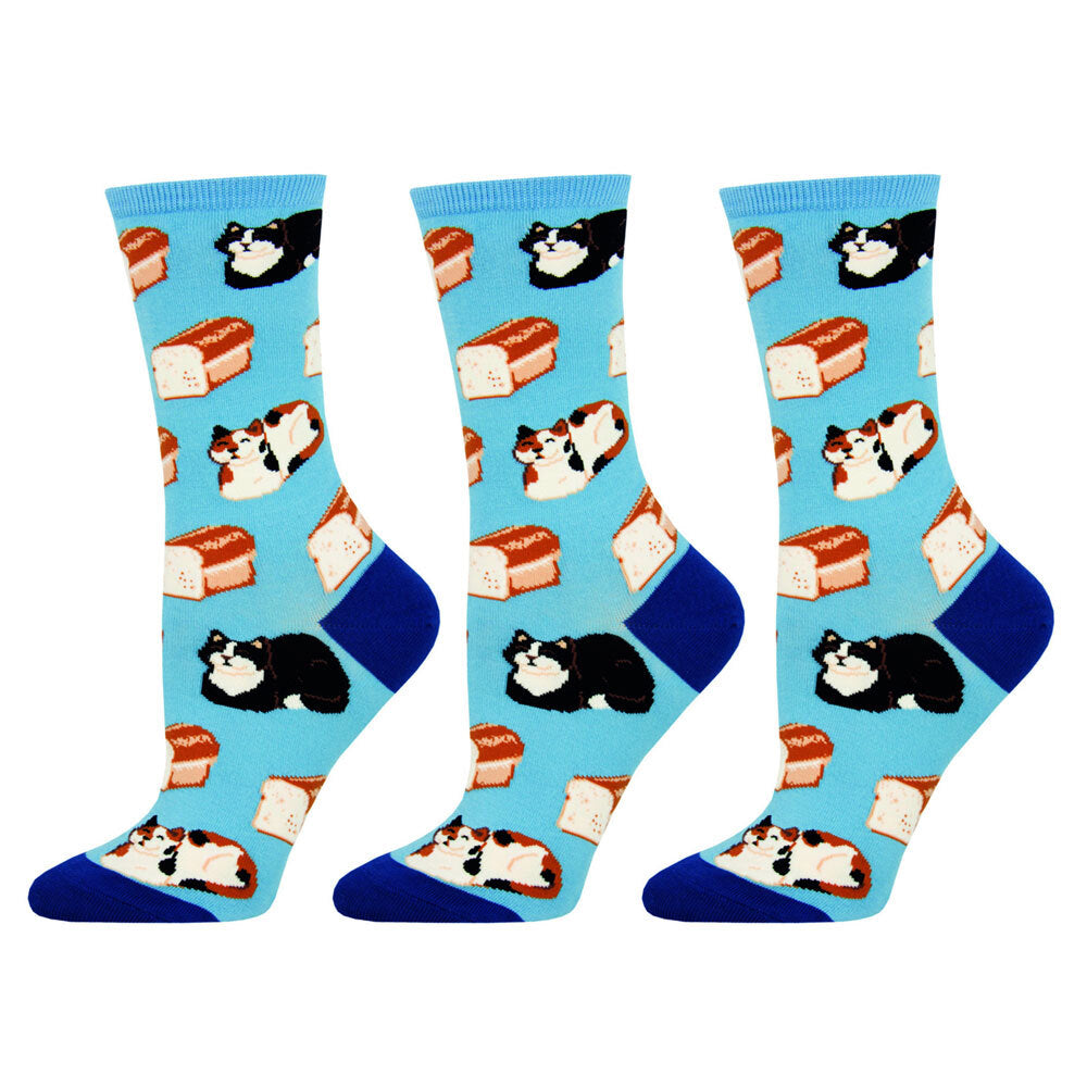 3PK Socksmith Ladies Novelty Socks Cat Loaf Blue One Size