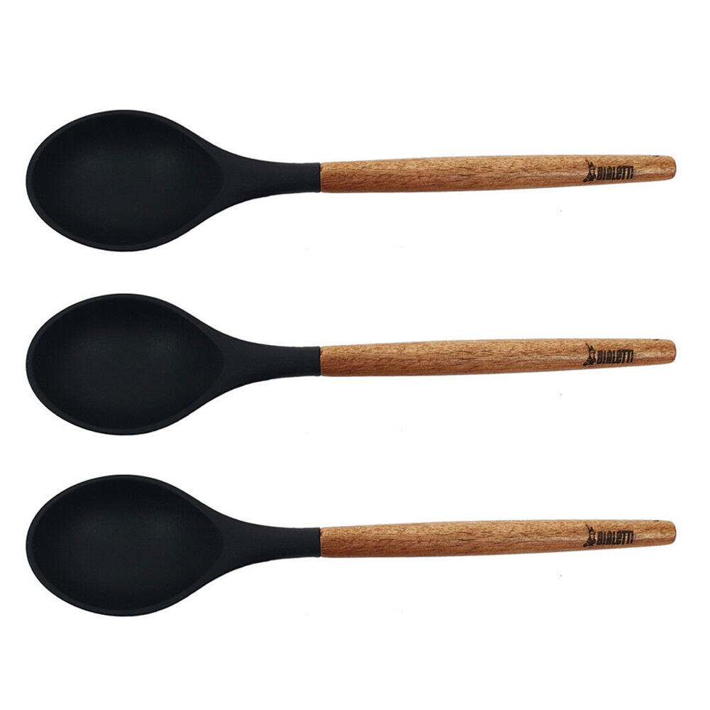3PK Bialetti St. Clare Black Silicone Solid Spoon w/ Acacia Handle 31cm