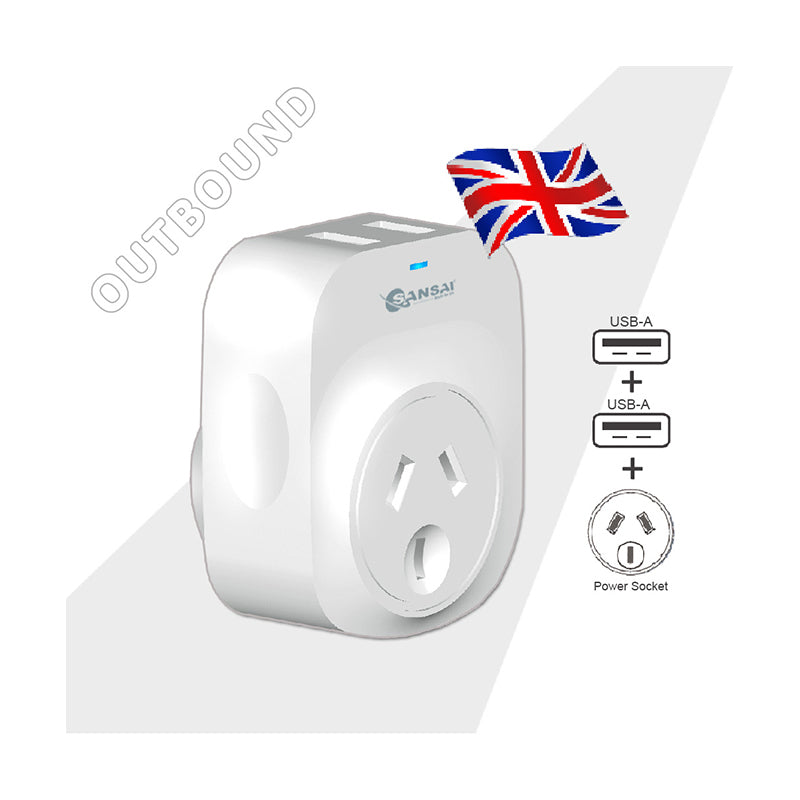 2PK Sansai Travel Adaptor w/ 2 x USB Ports - AU/UK Region