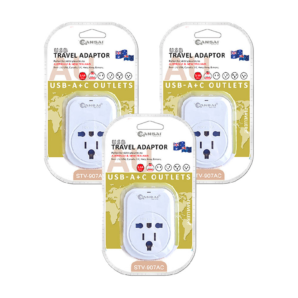 3PK Sansai Worldwide Travel Adaptor USB-C+A UK/USA to AU/NZ Plug