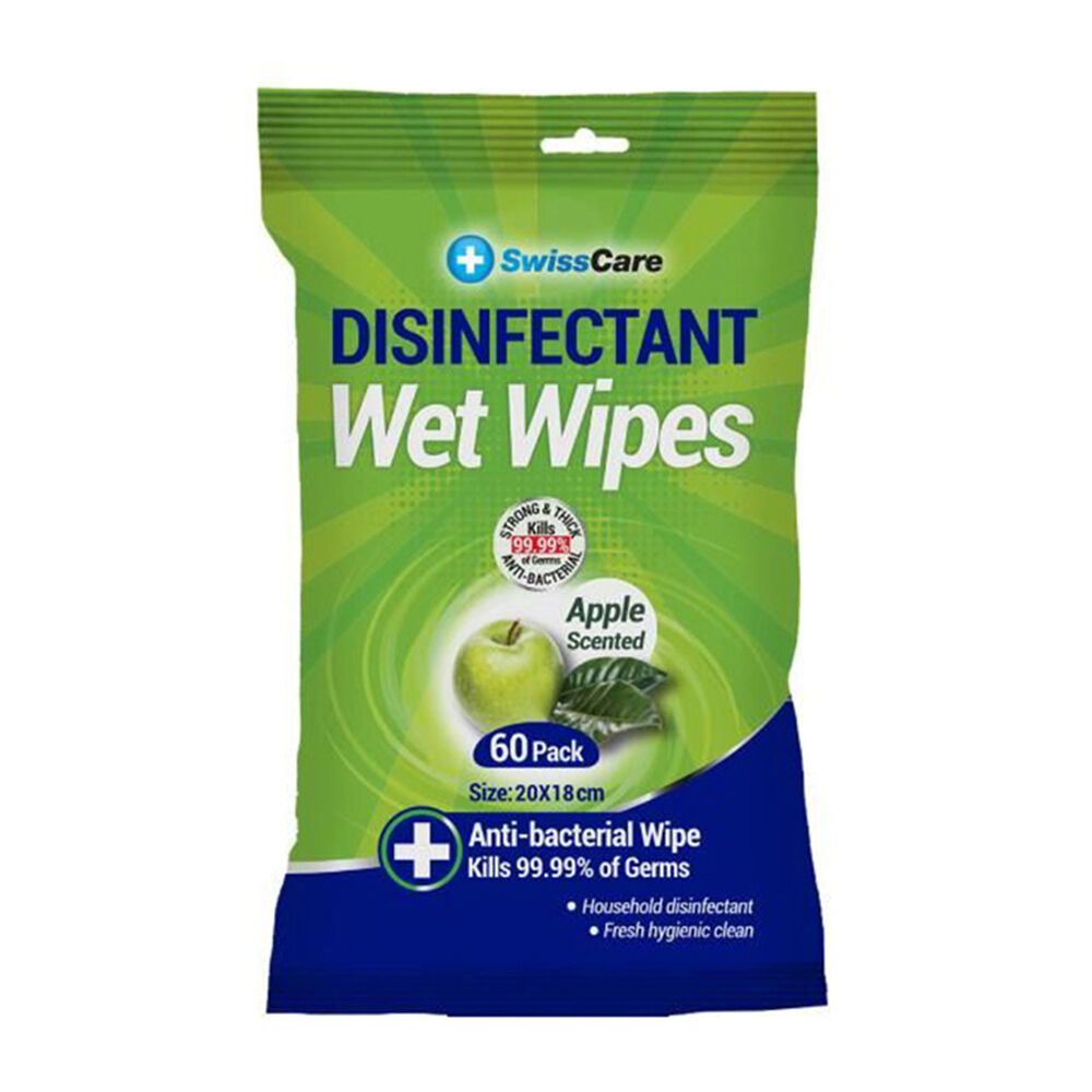 24x 60pc SwissCare Antibacterial Disinfectant Cleaning Wet Wipes Apple Scented