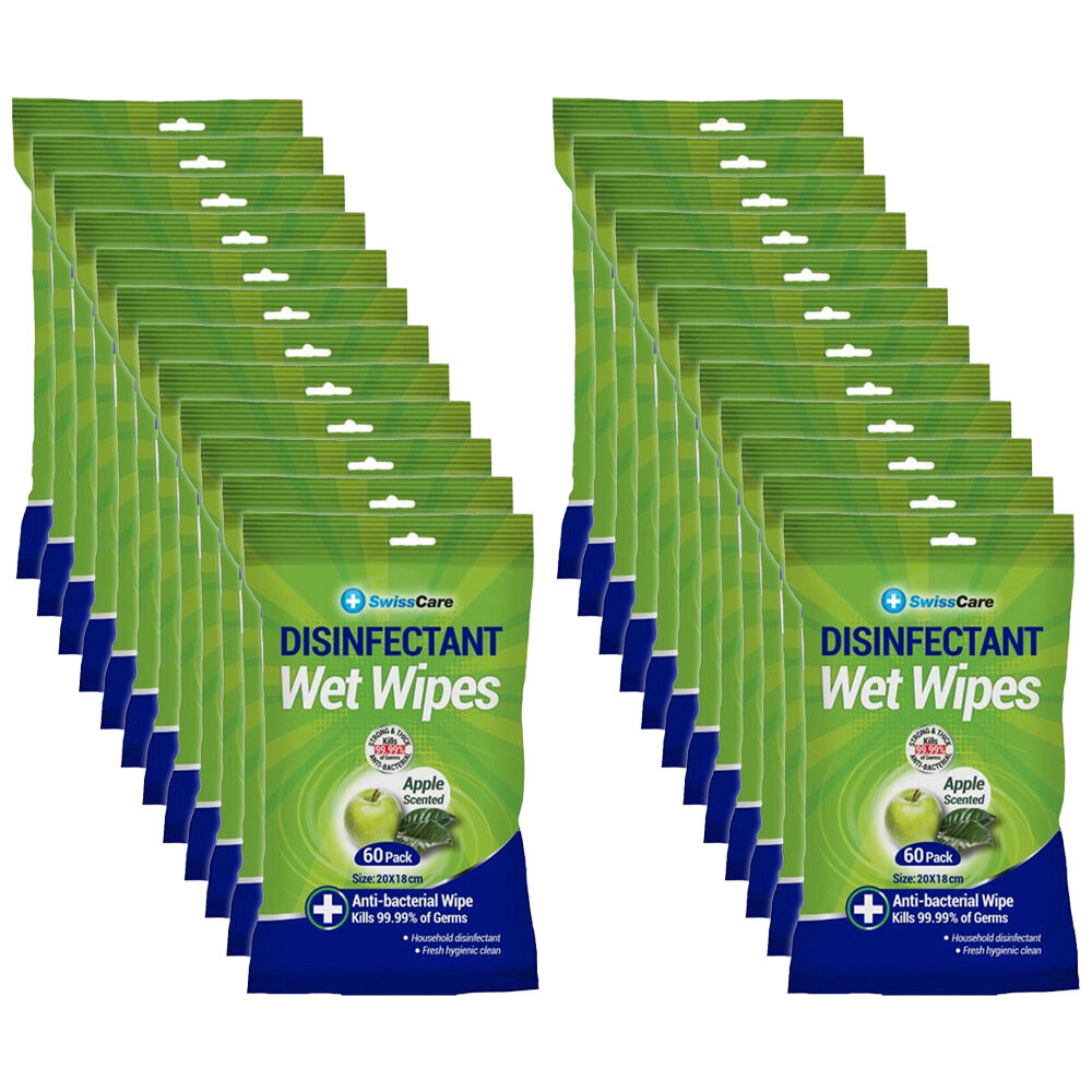 24x 60pc SwissCare Antibacterial Disinfectant Cleaning Wet Wipes Apple Scented