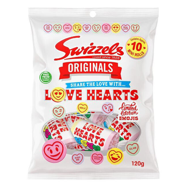12x 10pc Swizzels Originals Love Hearts Mini Rolls Lollies 120g Confectionery