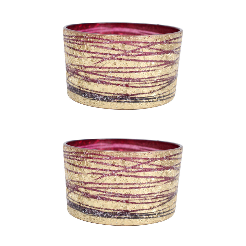 2PK LVD Glass Votive Candle Holder Home Decor 13cm Cranberry Ribbon Gold