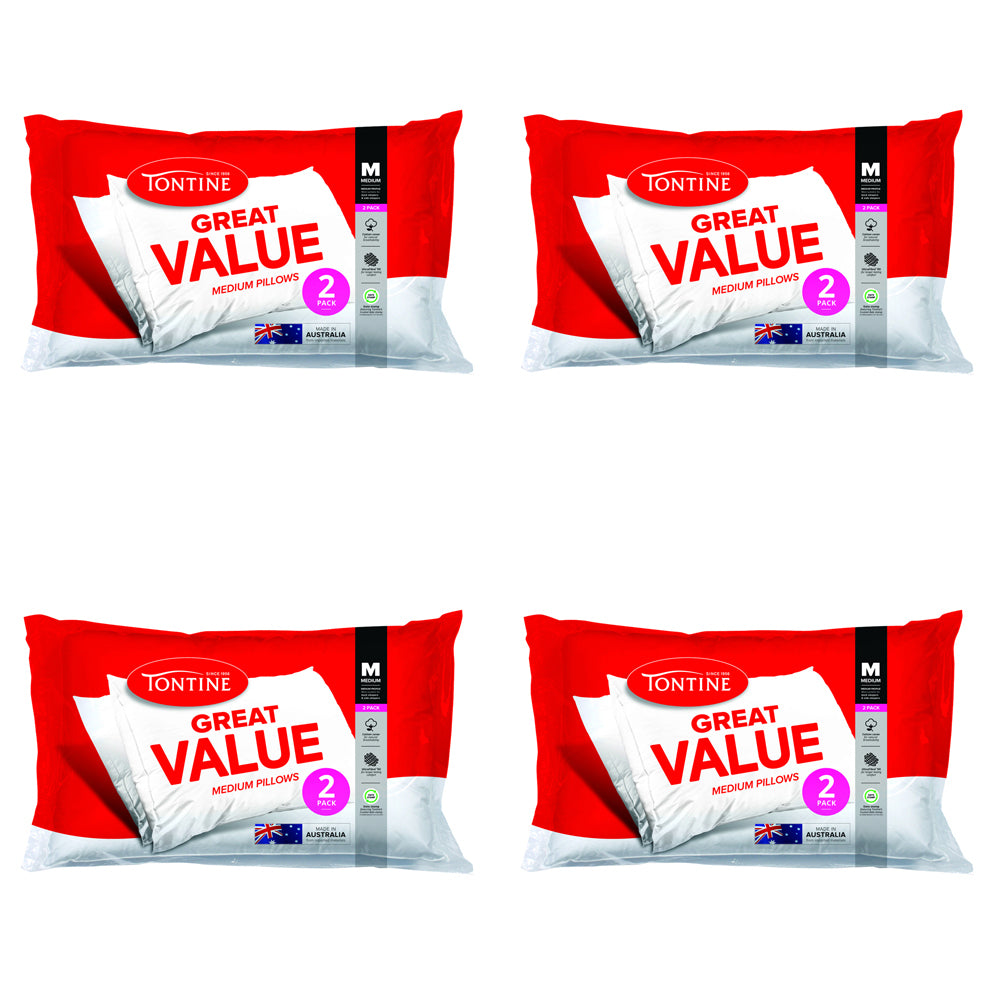 8pc Tontine Great Value Sleeping Cotton Pillows Pack 48x73cm - White