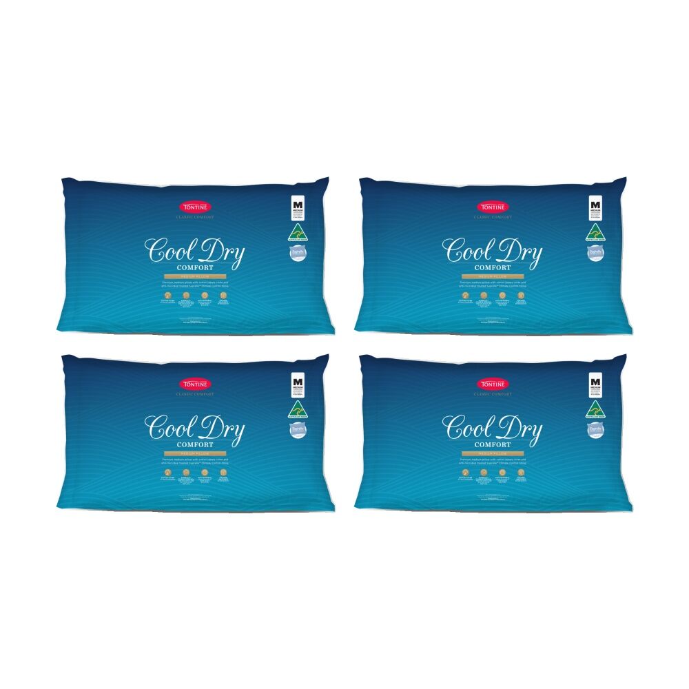 4PK Tontine Classic Comfort Cool Dry Medium Firmness Pillow Standard