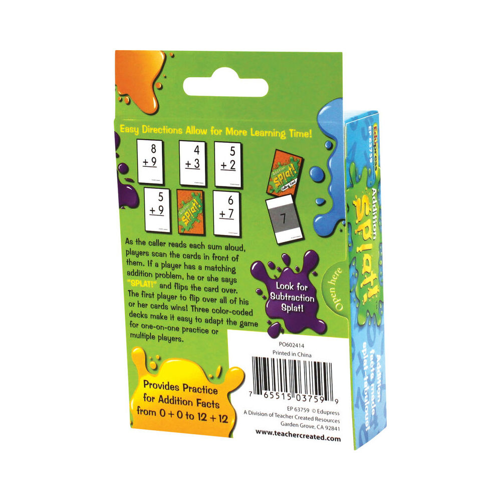 Teacher Created Resources Addition Splat Flash Cards Game Set Children 5y+