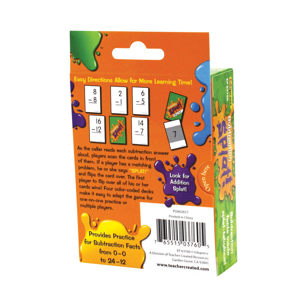 Teacher Created Resources Subtraction Splat Flash Cards Game Set Kids 5y+