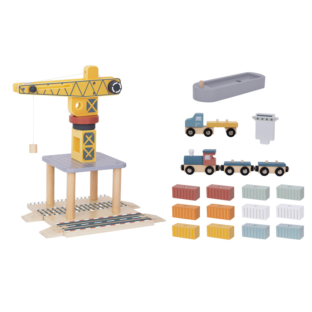 24pc Tooky Toy Port Crane Cargo Wooden Toy Block Set 3+