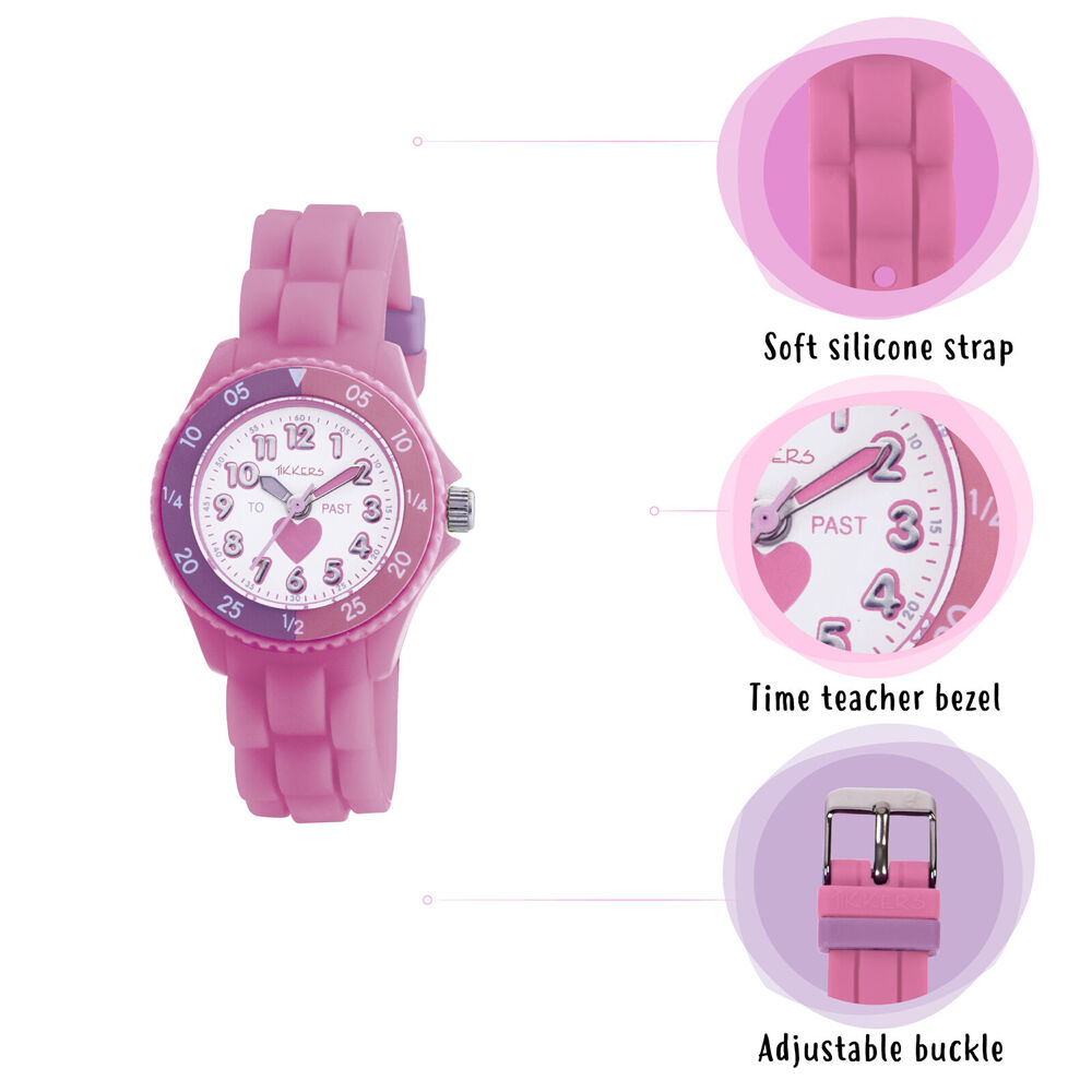 Tikkers Time Teacher Dial Heart Watch w/ Adjustable Silicone Straps - Pink