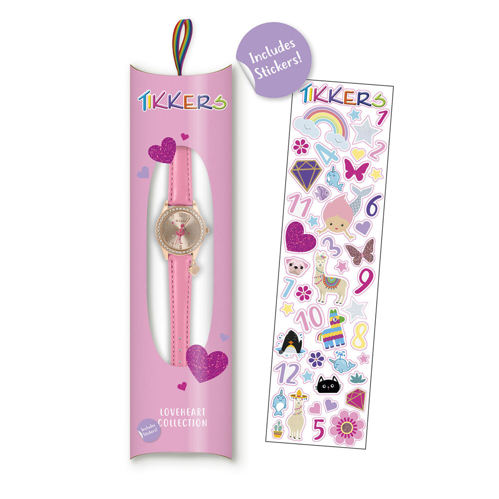 Tikkers Flamingo Heart Charm Gold Dial Watch with Leatherette Straps - Pink
