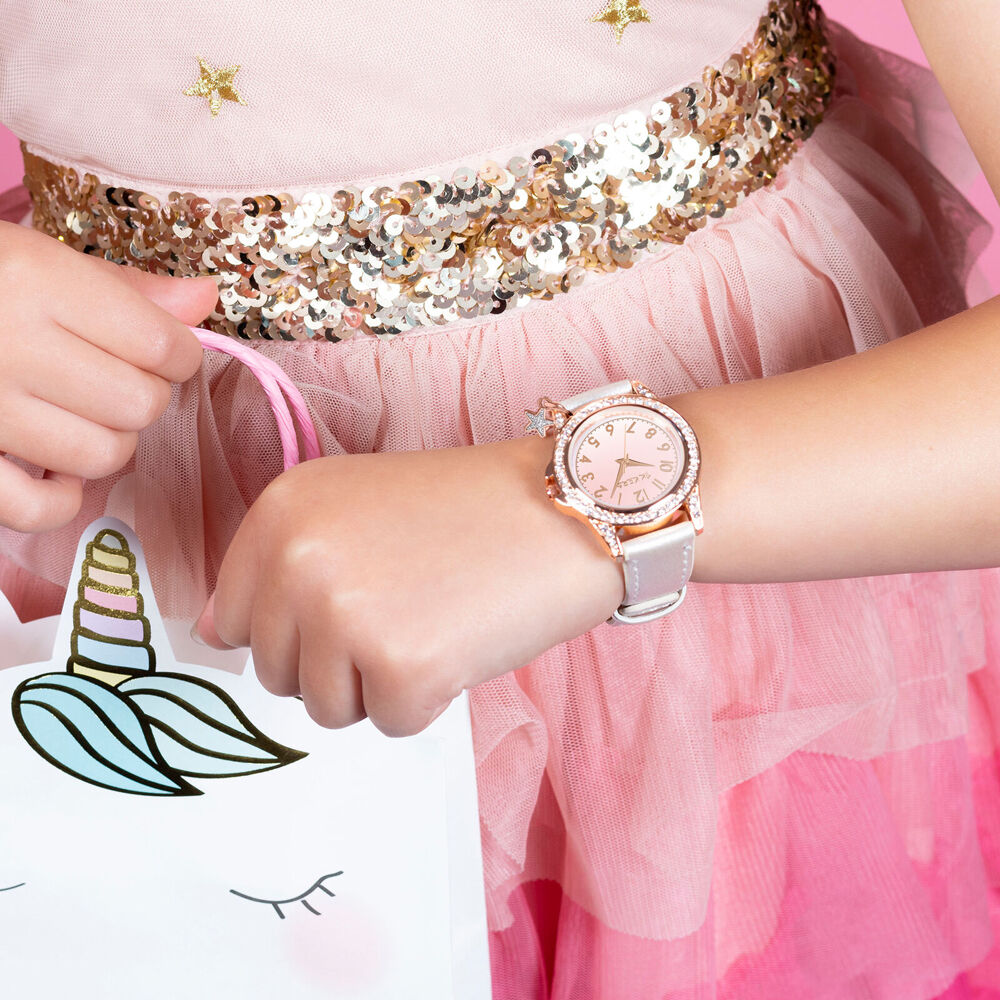 Tikkers Charm Collection Ombre Pink Dial Watch with Leather Straps - Silver