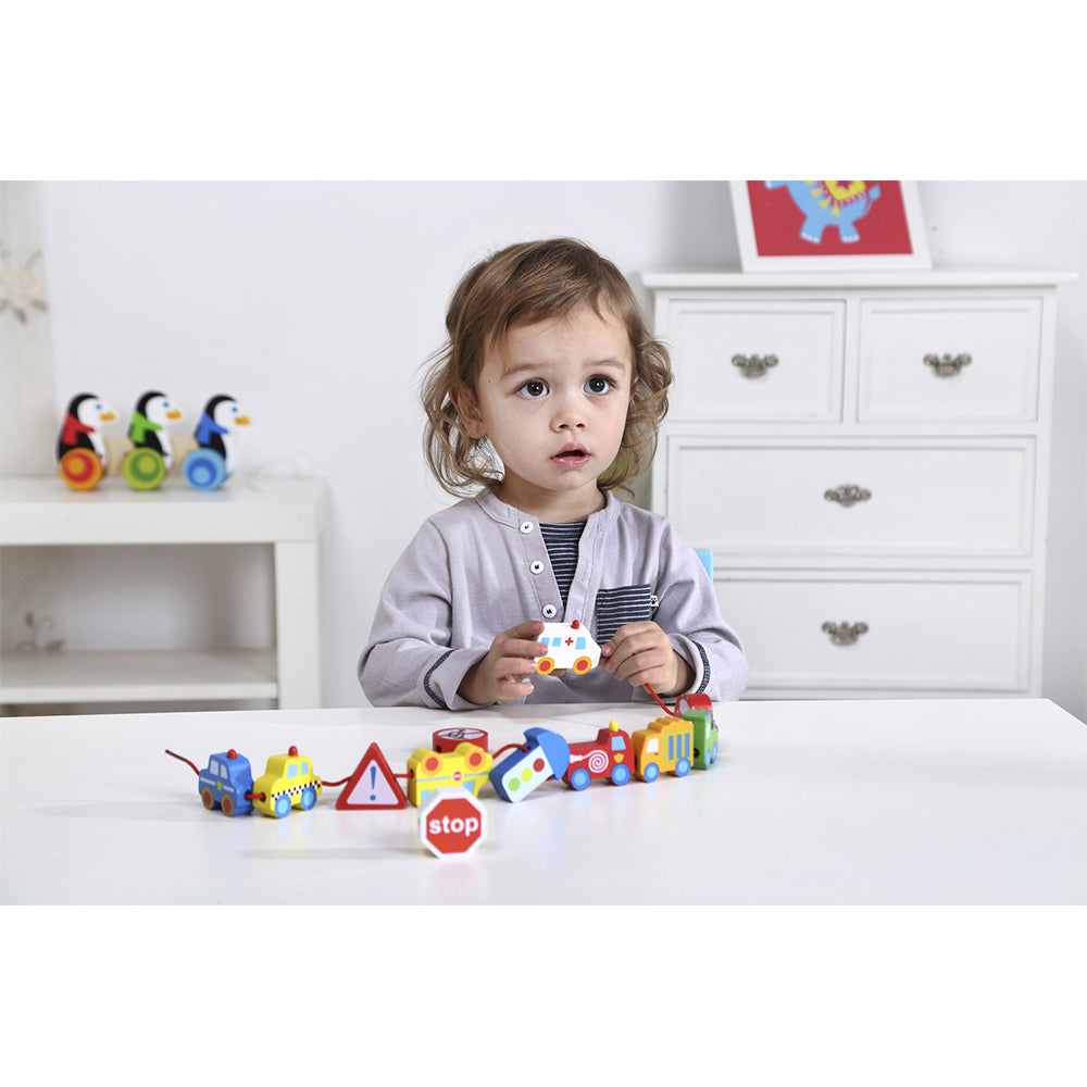 Tooky Toy Lacing Blocks 27cm Wooden Transportation Vehicles Toy Kids 2y+