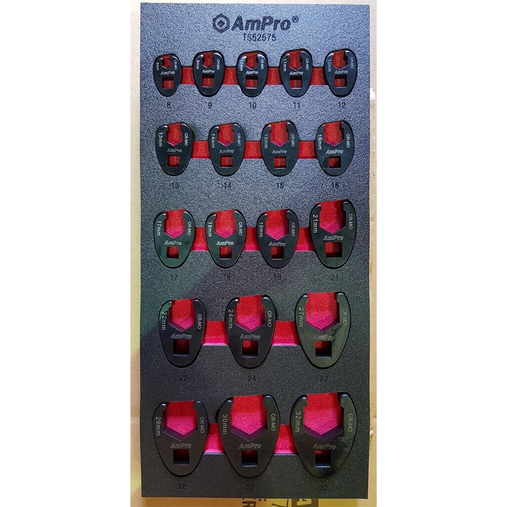 19pc Ampro 3/8" & 1/2" Drive Metric Flare Nut Crowfoot Wrench Set TS52575