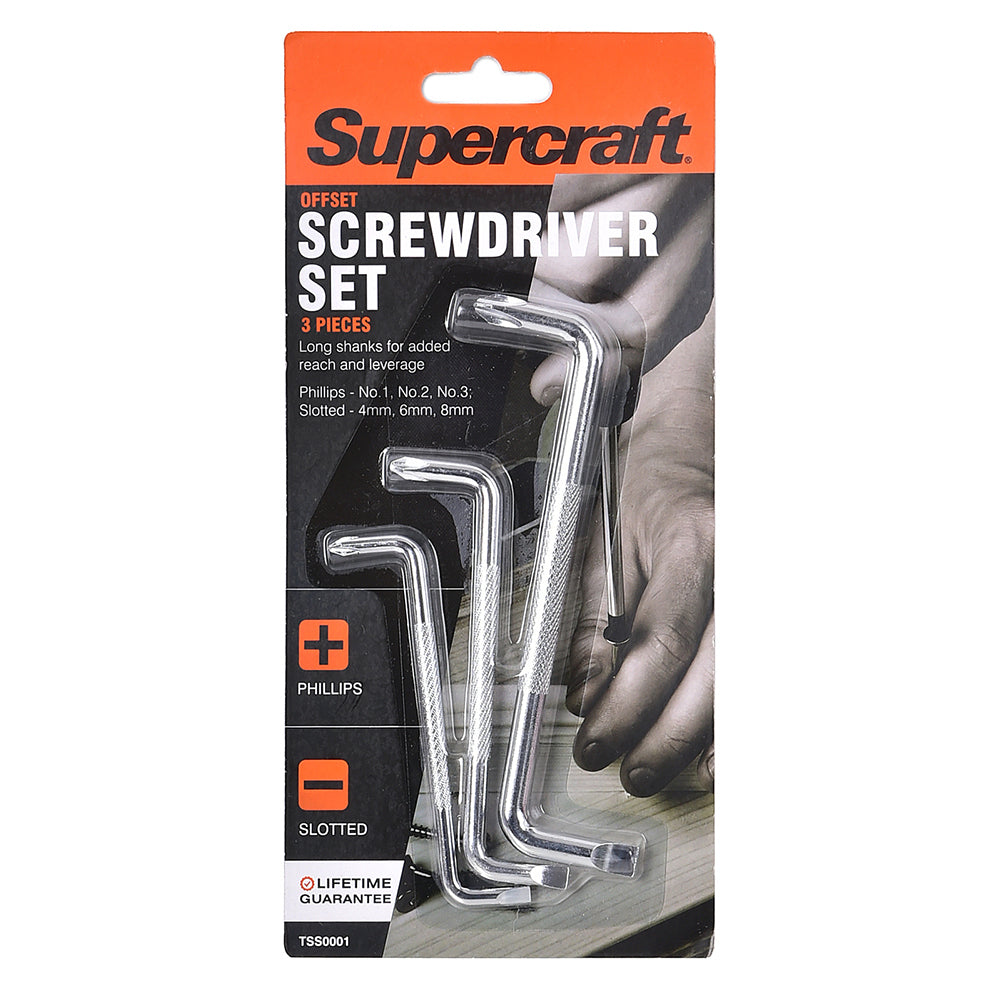 2x 3pc Supercraft Chrome Long Shank Philips/Slotted Screwdriver Offset Set