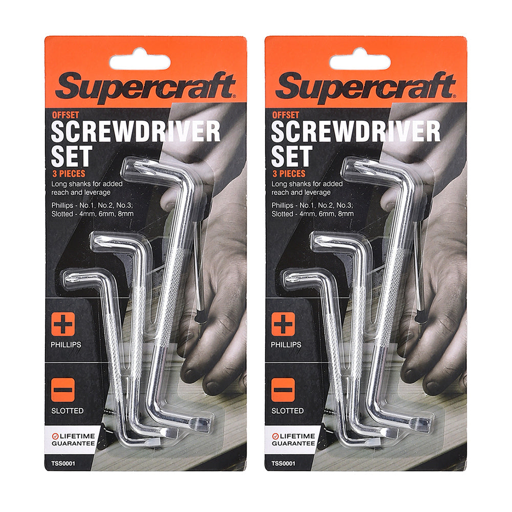 2x 3pc Supercraft Chrome Long Shank Philips/Slotted Screwdriver Offset Set