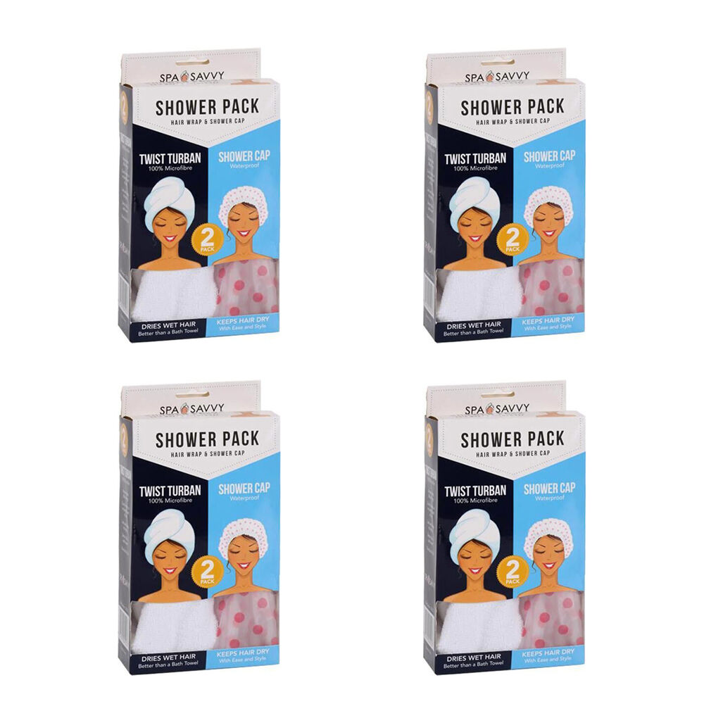 4x 2pc Spa Savvy Twist Turban Hair Wrap & Waterproof Shower Cap Pack 2-in-1
