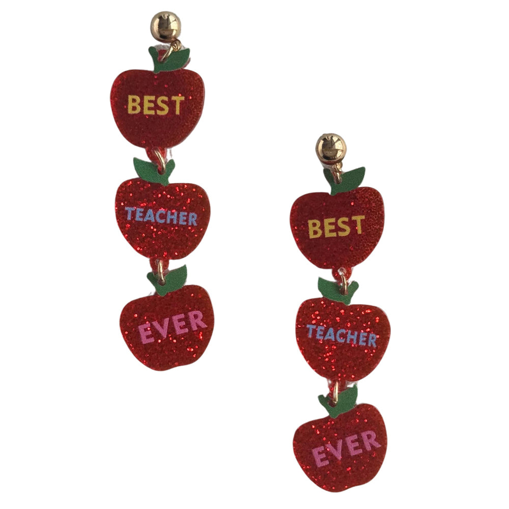 2PK Urban Pop Best Teacher Ever on Sparkling Apples Earrings Red