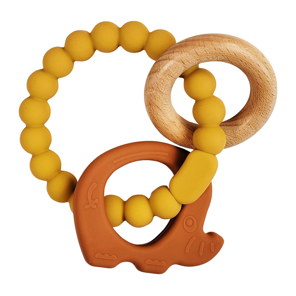 2x Urban Elephant 14cm Silicone Teether Ring Baby Toy - Mustard/Rust & Natural