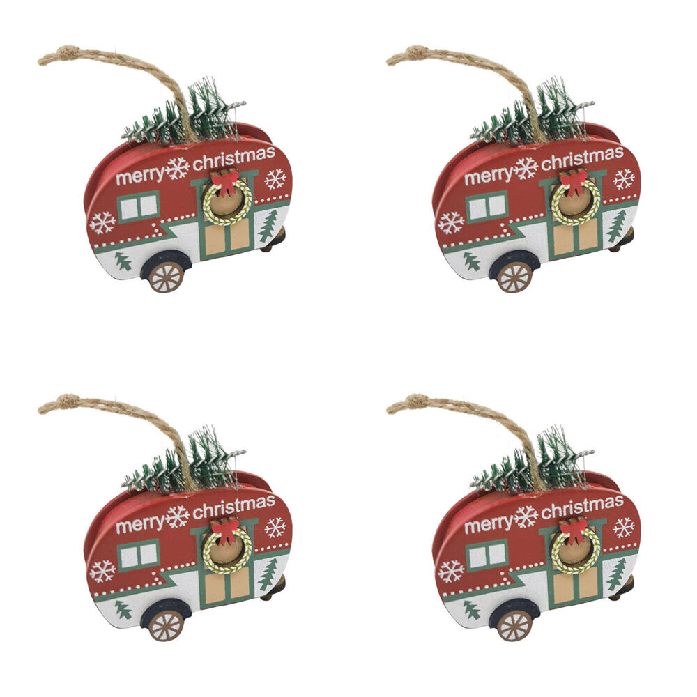 4PK Urban Caravan with Tree Hanging Christmas Decoration 7cm Red/Green Assorted