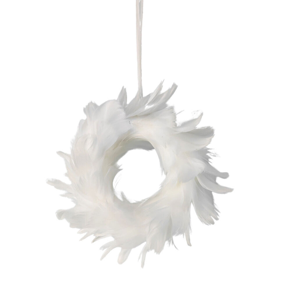 3PK Urban Elegant Feather Wreath Hanging Decoration 14cm White/Gold