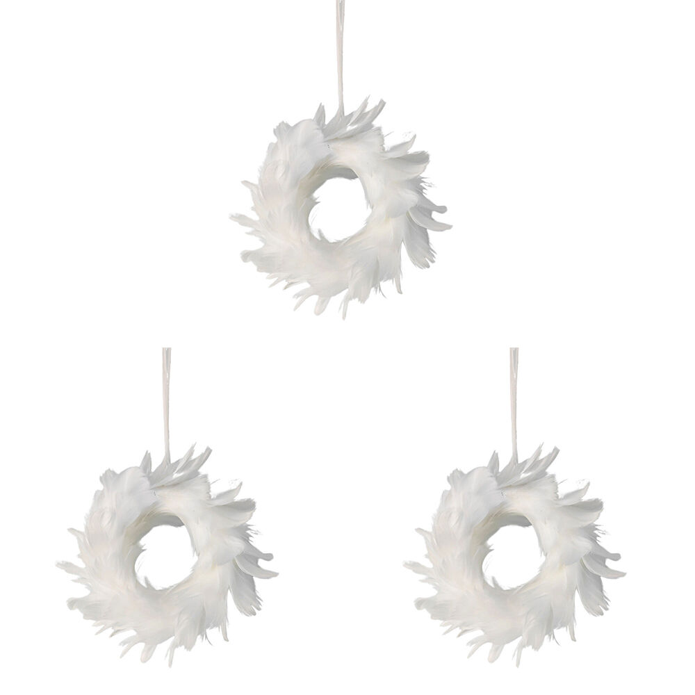 3PK Urban Elegant Feather Wreath Hanging Decoration 14cm White/Gold