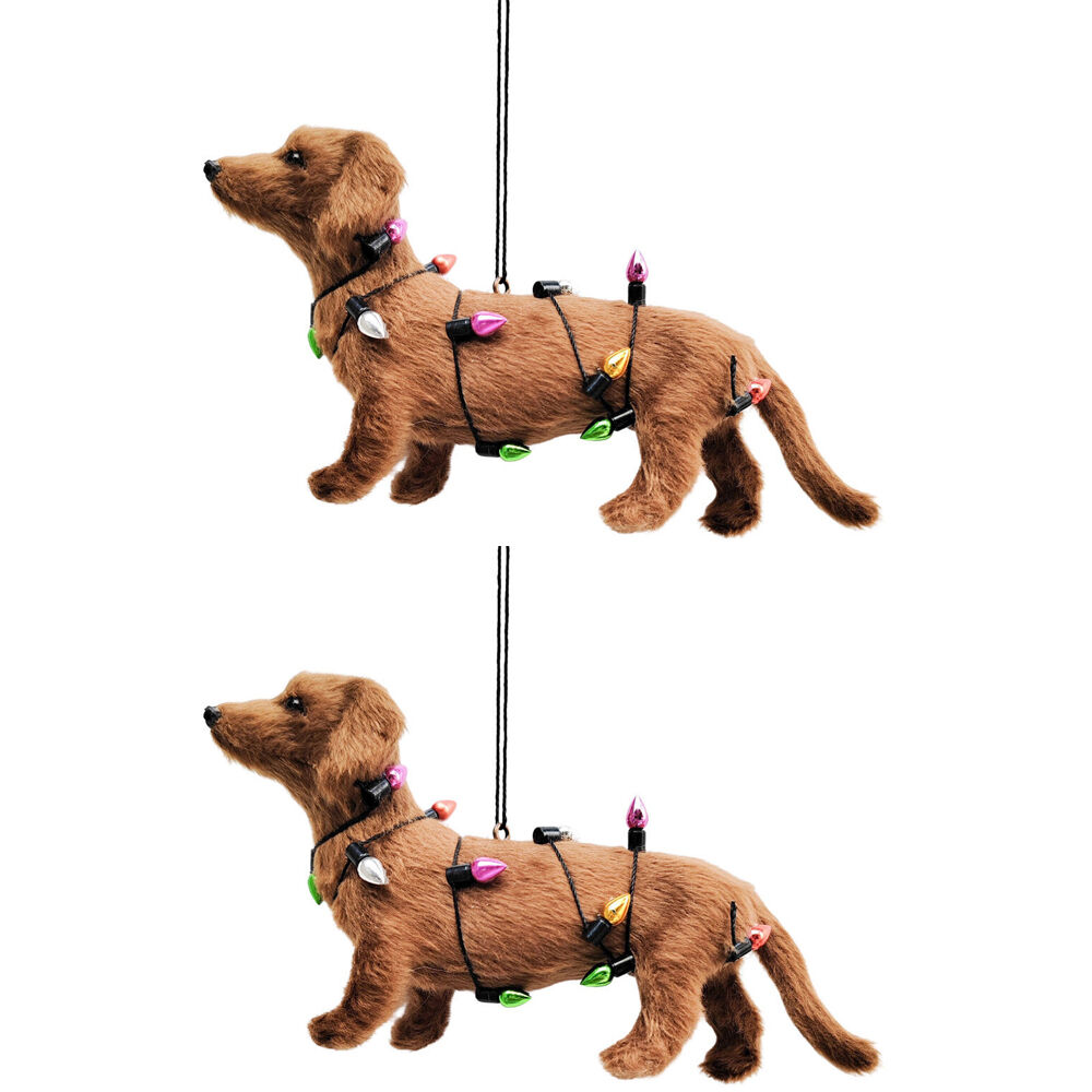 2PK Urban Sausage Dog With Lights Hanging Christmas Decoration 14cm Brown