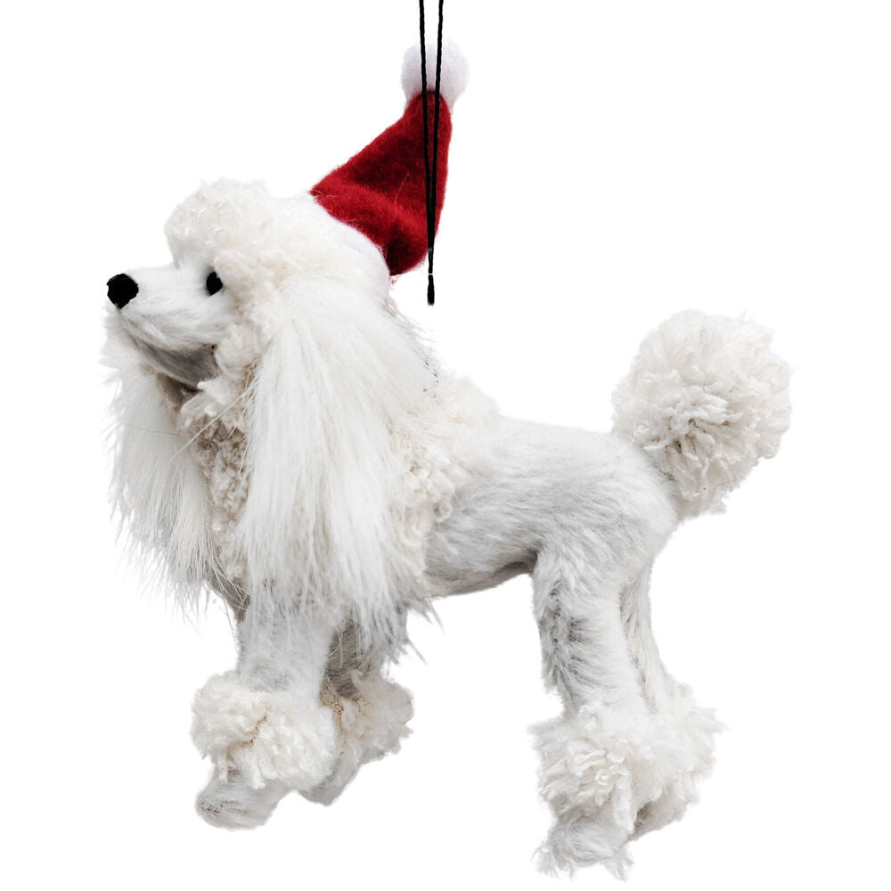 2PK Urban Poodle with Christmas Hat Hanging Decoration 11cm White