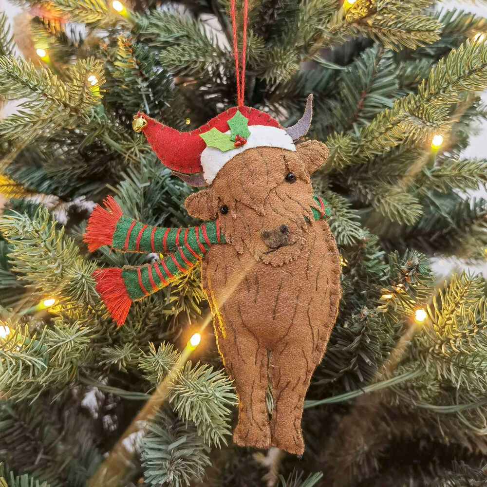 Urban Highland Cow Fabric Hanging Christmas Decoration 16cm Brown