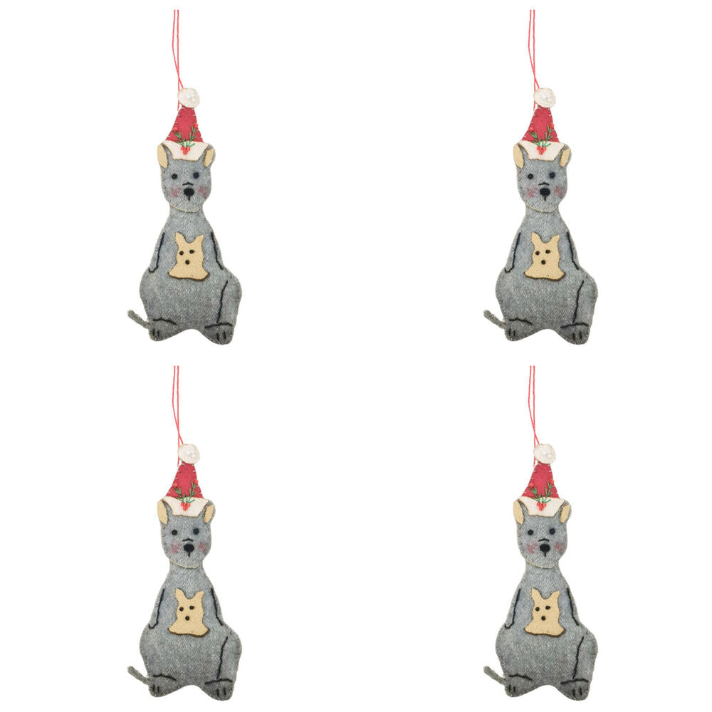 4PK Urban Christmas Kangaroo Fabric Hanging Decoration 12cm Grey/Red