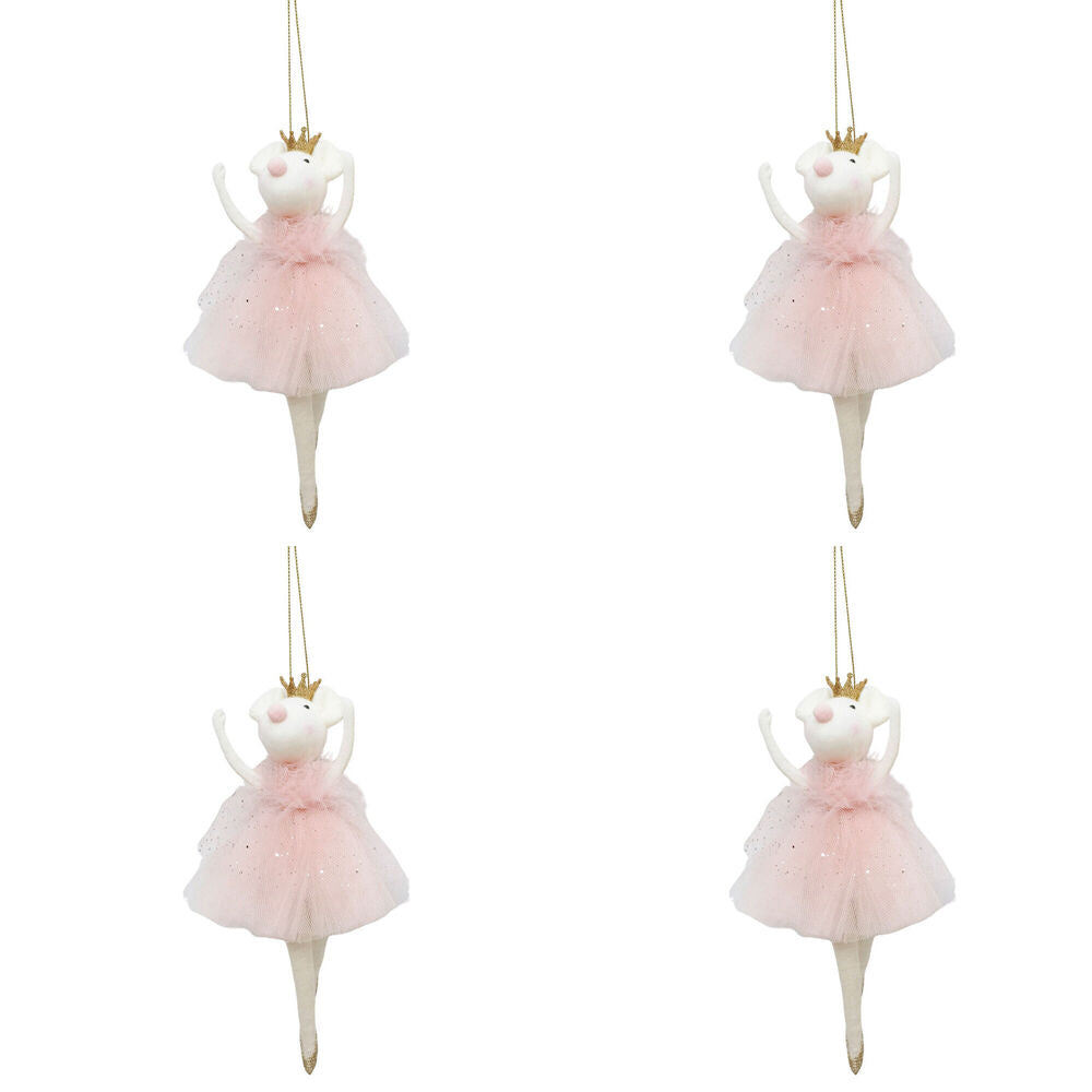 4PK Urban Ballerina Mice Hanging Christmas Decoration 19cm Pink/White Assorted