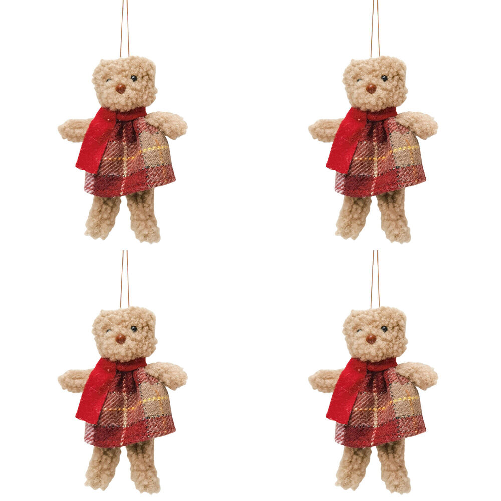 4PK Urban Teddy Hanging Christmas Decoration 14cm Red/Brown Assorted