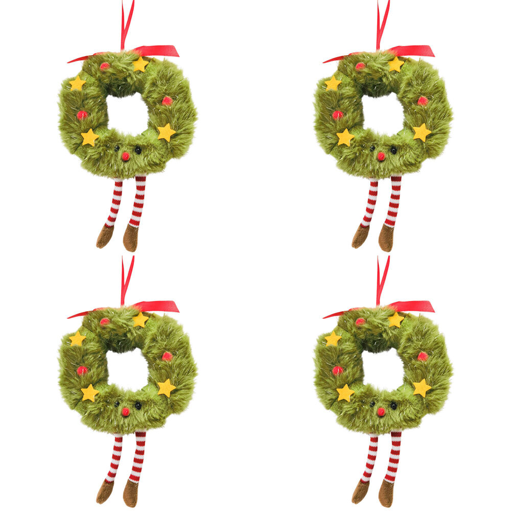 4PK Urban Fluffy Fabric Wreath Hanging Christmas Decoration 17cm Green