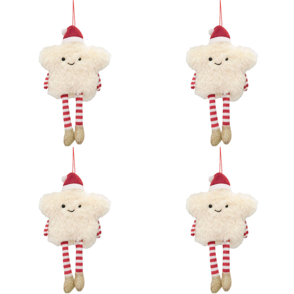 4PK Urban Fluffy Star Hanging Christmas Decoration 19cm Red/Cream