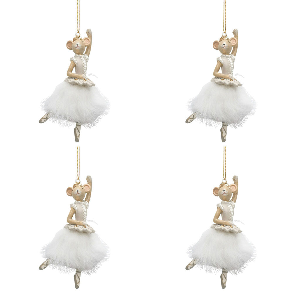 4PK Urban Nutcracker/Ballerina Mice Resin Hanging Decor 11cm Bisque Assorted