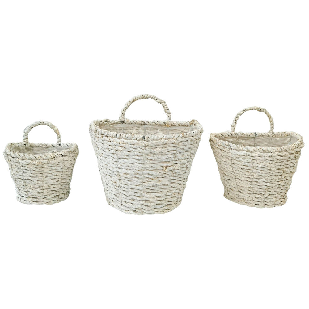 3pc Urban Coconut Fibre Woven Basket Outdoor Planter Pot Set 27cm White