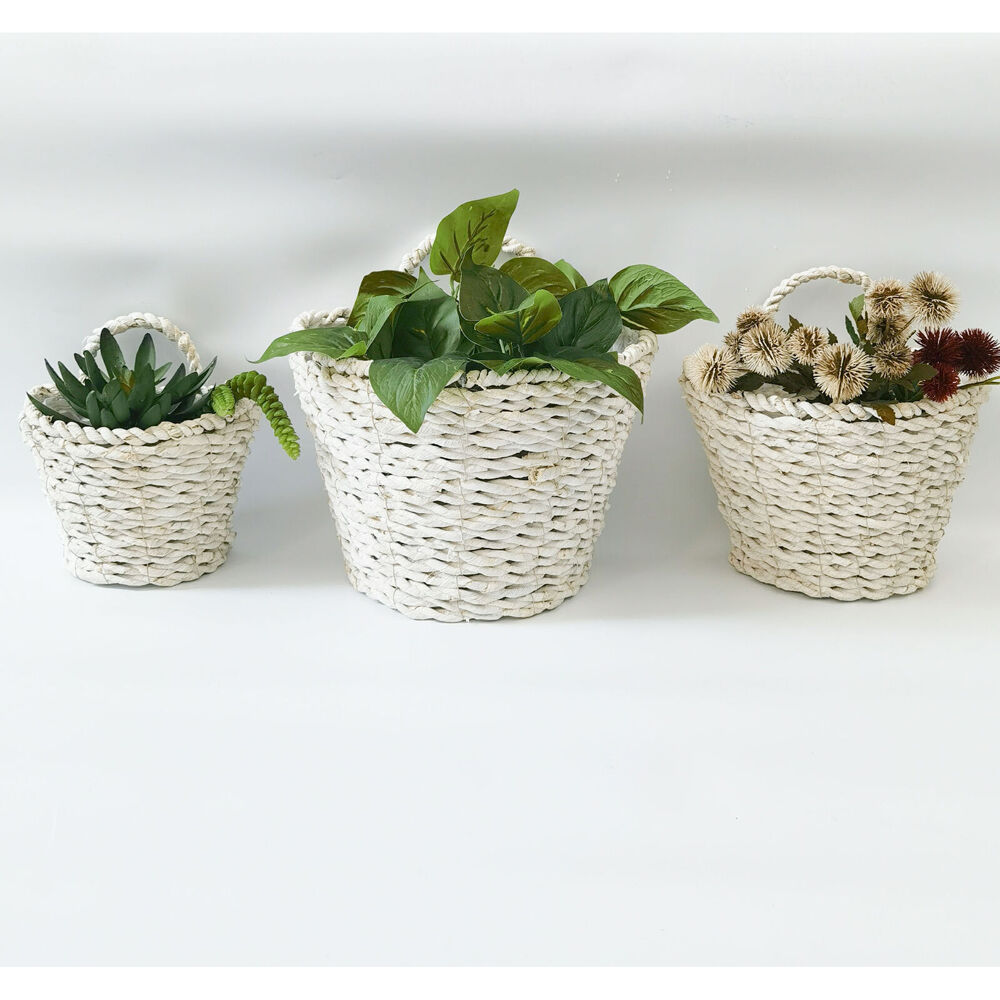 3pc Urban Coconut Fibre Woven Basket Outdoor Planter Pot Set 27cm White