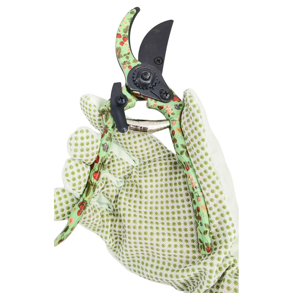 3pc Urban Strawberry Field Secateurs & Gardening Gloves Set 26cm Green