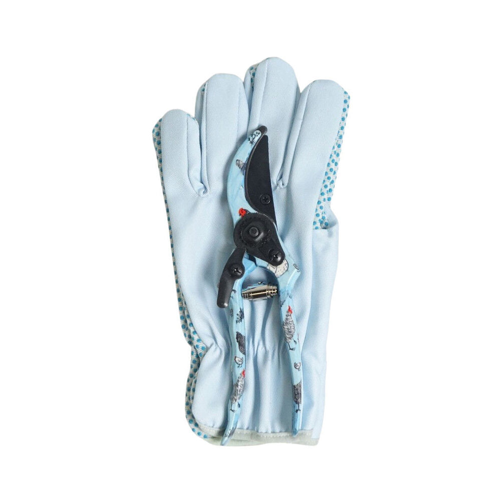 3pc Urban Chicken Friends Secateurs & Gardening Gloves Set 26cm Blue