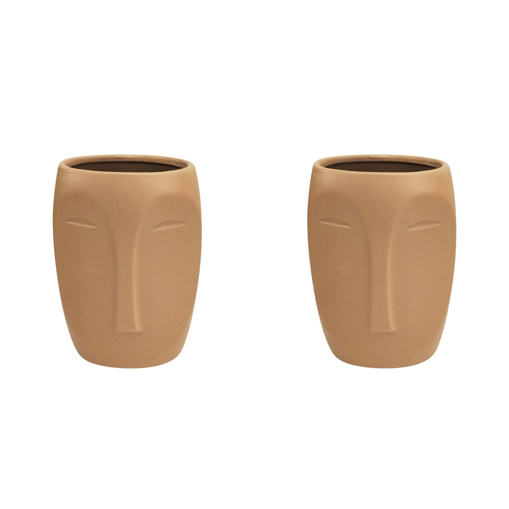 2x Urban Aztec Face 17cm Ceramic Plant/Flower Vase Display Medium - Beige