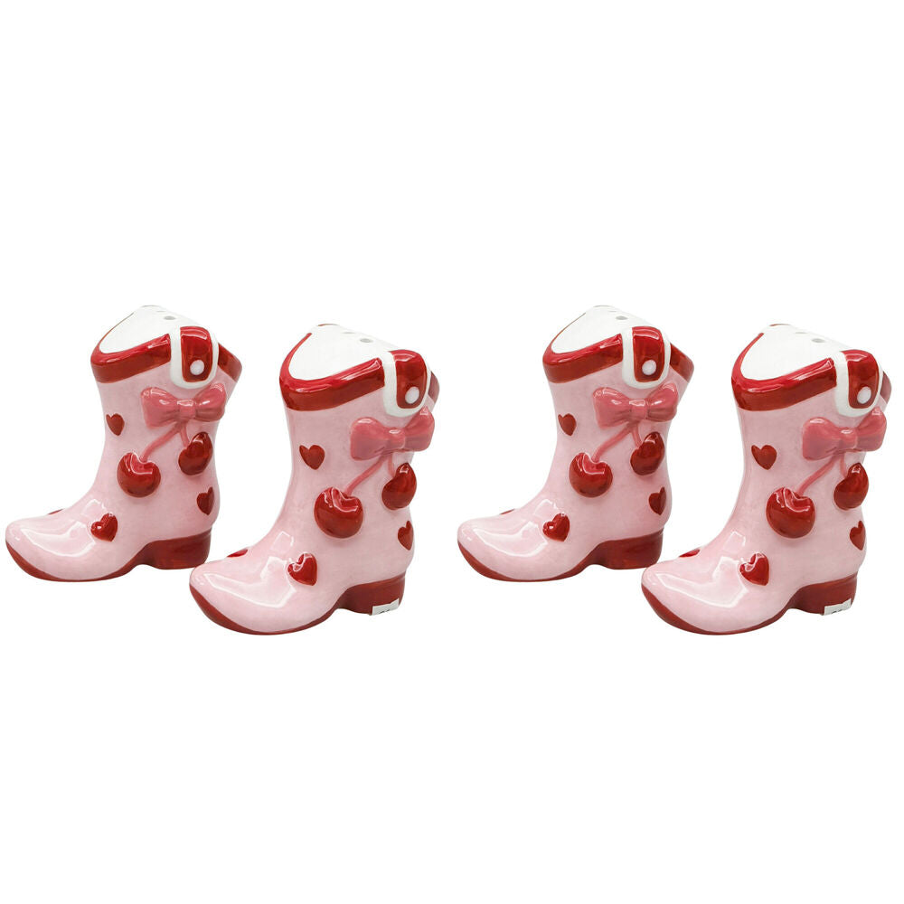 2x 2pc Urban Ceramic Cherry Cowboy Boots Salt and Pepper Shakers Set 7cm Pink