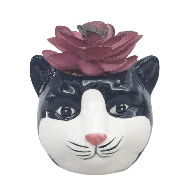 3PK Urban Ceramic Mini Cat Decorative Planter Pot with Plant 10cm White/Black
