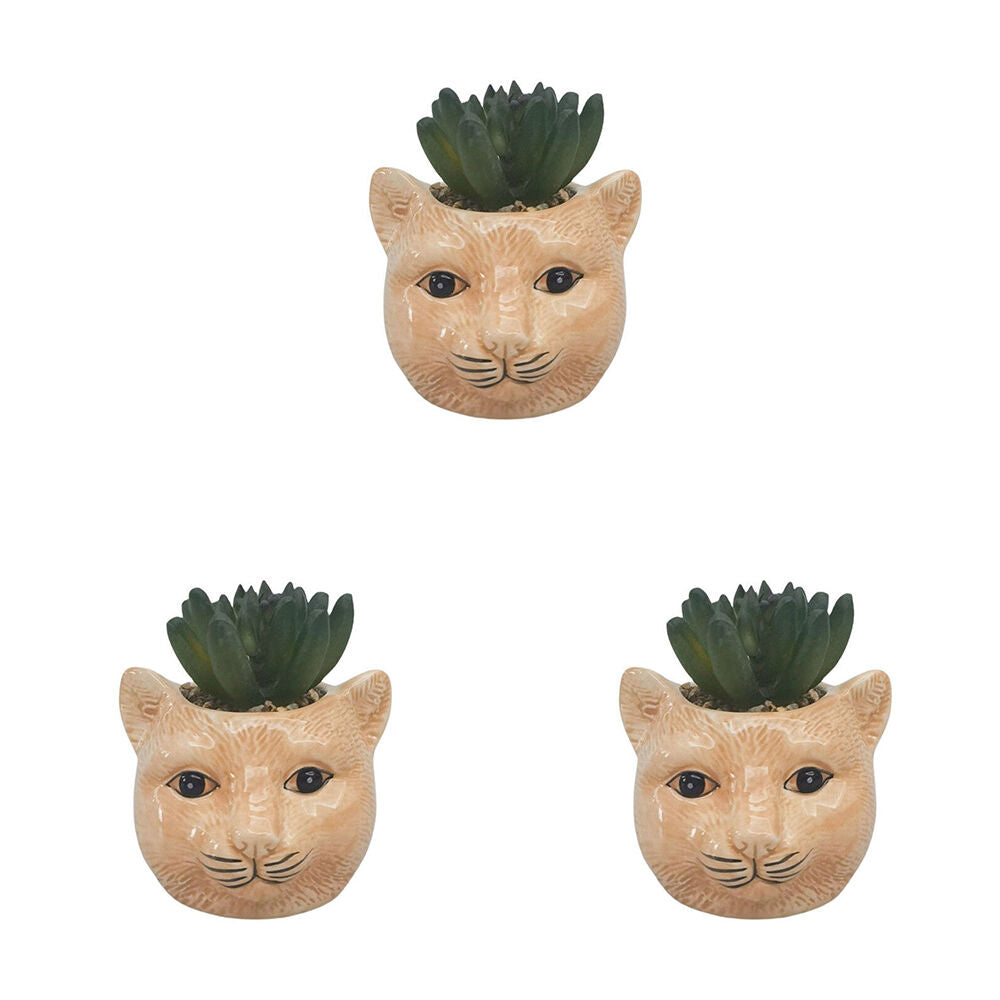 3PK Urban Ceramic Mini Cat Decorative Planter Pot with Plant 10cm Ginger