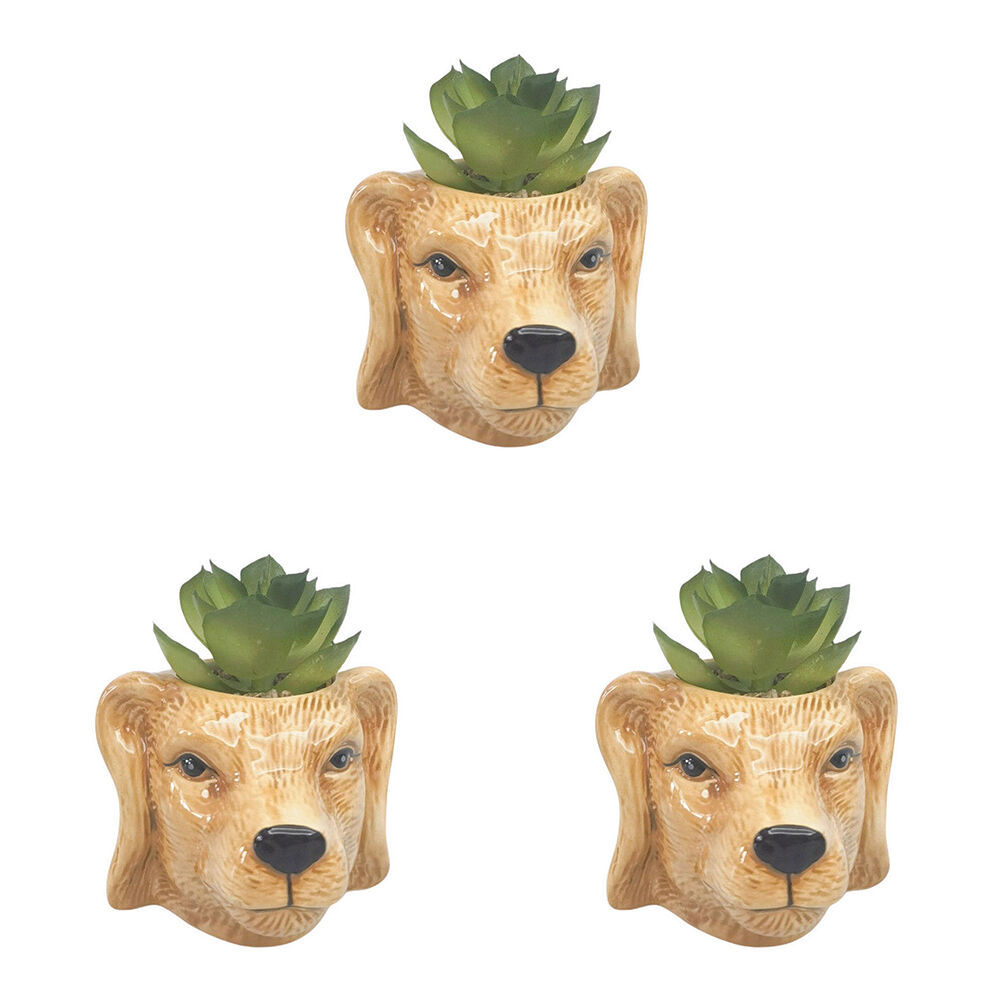3PK Urban Ceramic Mini Dog Decorative Planter Pot with Plant 10cm Tan