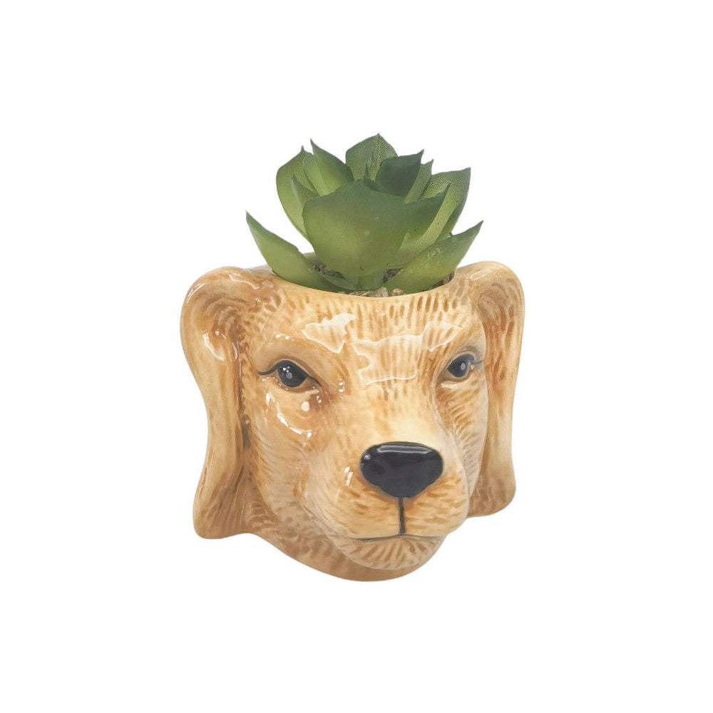 3PK Urban Ceramic Mini Dog Decorative Planter Pot with Plant 10cm Tan